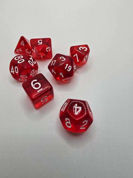 Red glass 7pc Dice Set.