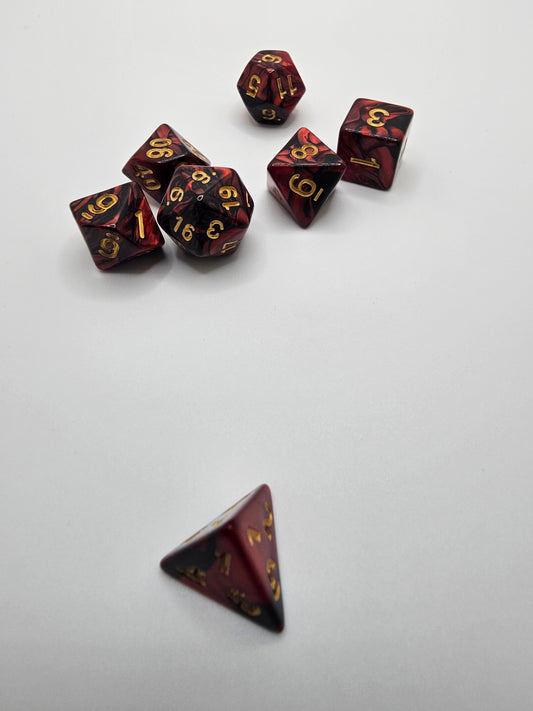 Black and Red marble 7pc Dice Set.